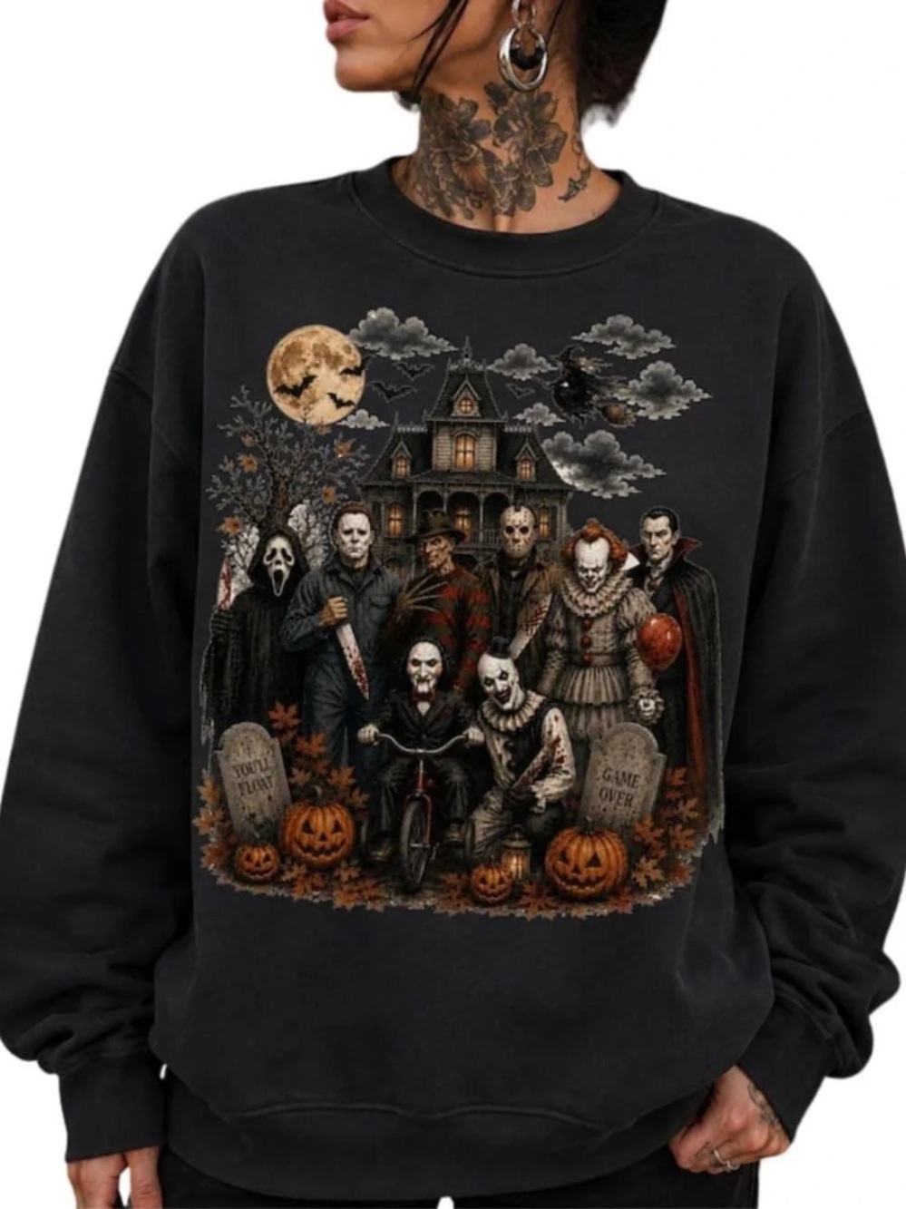 Black Horror Characters Graphic Sweatshirt with Pumpkin & Moon Accents